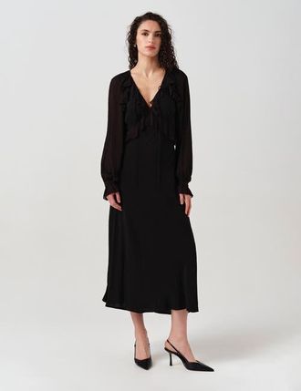 Ghost London Naomi Long Sleeve Frill Midi Dress in Black at Nordstrom, Size 16