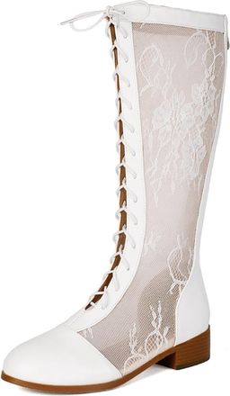 Generic Womens Knee-High Boots Lace Mesh Panel Lace-Up Closure Round Toe Chunky Low Heel Textured Trim Lightweight Comfortable Stylish for Fashion Casual,Whit