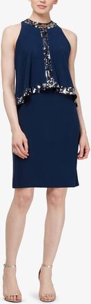 S.L. Fashions Sequin Trim Popover Sleeveless Jewel Cocktail Dress In Navy