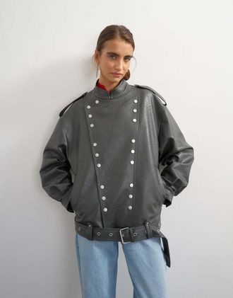 Topshop giacca biker in pelle sintetica con dettagli metallici grigia-Grigio