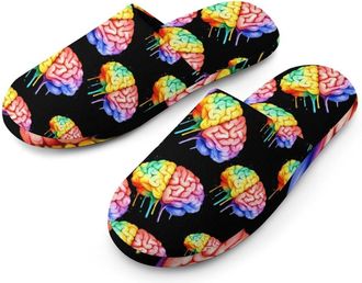 Generic Watercolor Brain Colorful Flannel Mens Slip-on Slippers Winter Warm House Shoes with Rubber Sole for Home Hotel