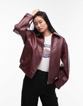 Topshop Giacca bomber oversize in pelle sintetica goffrata bordeaux-Rosso