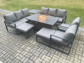 Fimous Aluminium Outdoor Garden Furniture Set Patio Lounge Sofa Gas Fire Pit Dining Table Set with Side Table 2 Big Footstools Dark Grey