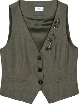 Marella Tailored Green Wool Vest with Deep V-Neckline and Subtle Embellishments