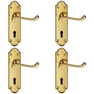 Loops 4x PAIR Victorian Upturned Handle on Lock Backplate 168 x 47mm Polished Brass in Metallics
