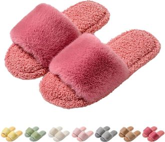 Generic TDEOK Womens Slippers Fluffy Open Slippers Plush Pink Slippers Winter Open Mules Comfortable Slippers Soft Sole Home Shoes Non-Slip Winter Slippers Fl