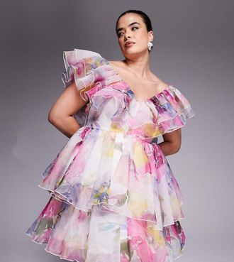 Asos Curve organza ruffle baby doll mini dress in blurred floral print-Multi