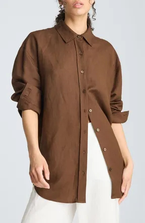 Kenneth Cole Drop Shoulder Relaxed Fit Linen Blend Button-Up Shirt in Brunette at Nordstrom, Size X-Large
