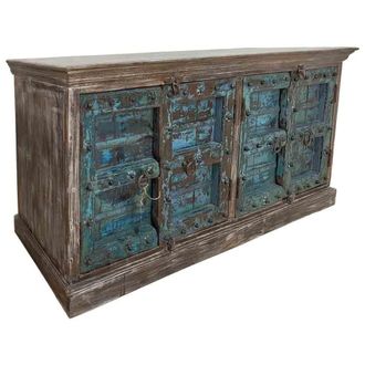 Wanderlust Deco Aparador de madera acabado artesanal azul 225x50x90h cm