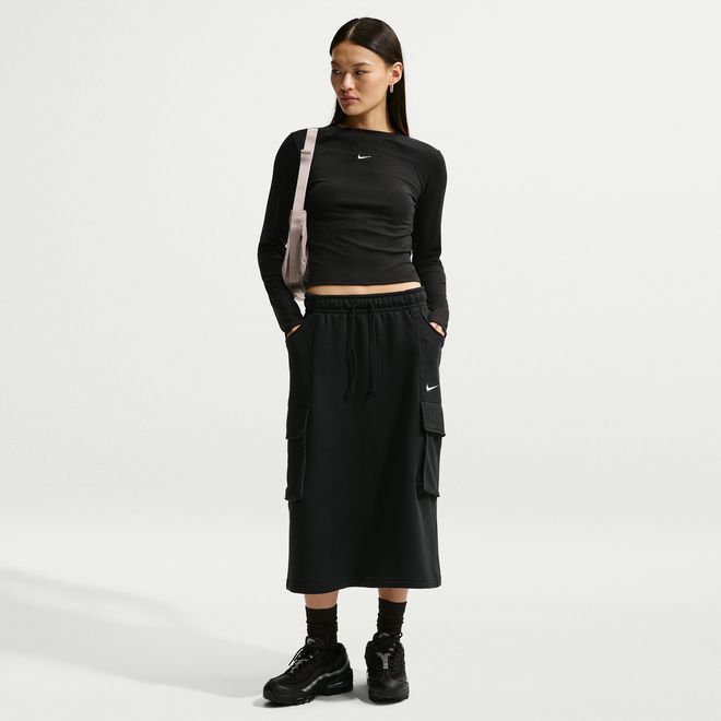 Womens Nike Sportswear Phoenix Fleece Cargo Midi Skirt in Black | IQ0082-010