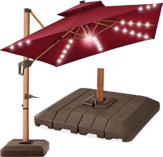 Best Choice Products 10ft Square Woodgrain Pattern 2-Tier Outdoor Solar LED Cantilever Umbrella w/ Base