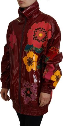 Dolce & Gabbana Maroon Floral Full Zip Polyester Women Jacket Polyurethane Clothing