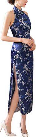 Generic Womens Halterneck Sleeveless Chinese Cheongsam Mandarin Collar Side Split Long Qipao Party Dress Outfit, Plum Navy, L