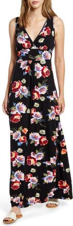 Loveappella Floral Print Maxi Dress in Black/Coral at Nordstrom, Size X-Large