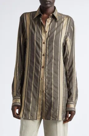 Stella McCartney Striped Lurex Shirt in Truffle at Nordstrom, Size 36