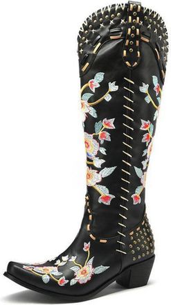 Generic Womens Block Heel Knee High Boots with Studs Square Toe PU Leather Long Boot Pull on Western Cowboy Boots with Embroidery Stitched,Black,7.5 UK