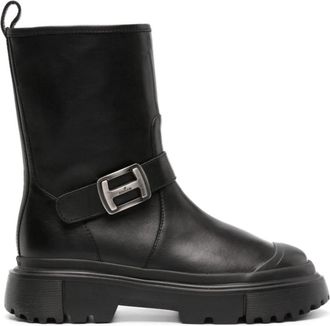 Hogan Zwarte Logo-Gesp Enkellaarzen - Dames - Enkellaarsjes - Zwart - 37 EU - Leer - Schoenen