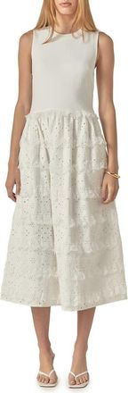 English Factory Ruffle & Eyelet Mixed Media Sleeveless Midi Dress in White at Nordstrom, Size X-Small