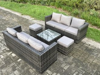 Fimous Rattan Garden Furniture Set 8 Seater Patio Outdoor Lounge Sofa Set with Square Coffee Table 2 Small Footstools Dark Grey Mixed