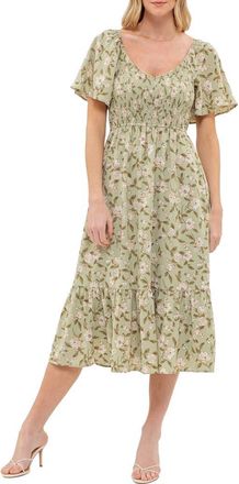 August Sky Floral Smocked Short Sleeve Midi Dress in Light Olive Multi at Nordstrom Rack, Size Medium
