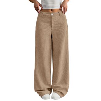 Generic Womens Corduroy Wide Leg Trousers with Elastic Waist Ladies High Waisted Baggy Pants with Pockets Autumn Casual Loose Fit for Daily Outdoor Streetwear