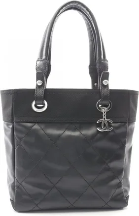Chanel Black Coated Canvas Leather Handbag Tote Bag (Pre-Owned)