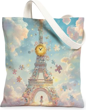 Generic Fanciful Paris Tower Canvas Tote Bags, Puzzle Pattern Reusable Grocery Bags, Lightweight Washable Shoulder Strap for Travel Beach 13x15 Inch