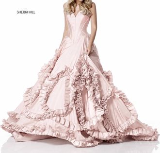 Sherri Hill Strapless Ruffle Ball Gown In Pink