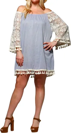 Velzera Crochet Sleeve Fringe Mini Dress In Sky Blue