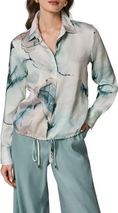 DKNY Printed Drawstring Hem Button-Up Shirt in Skylight Multi at Nordstrom, Size X-Small