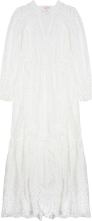 MC2 Saint Barth Tiered White Midi Dress With Eyelet Pattern And Puff Sleeves