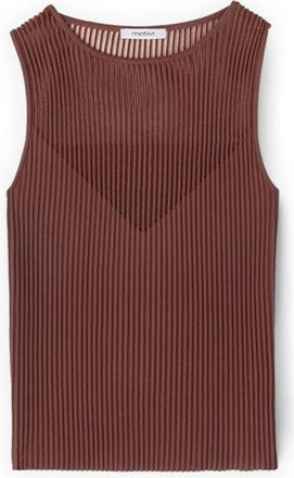 Motivi Fijn Gebreide Top met Transparante Halslijn - Dames - Ronde hals truien - Bruin - S - Polyester - Truien & Vesten