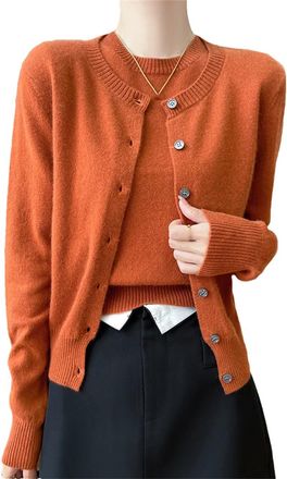 Generic Womens 100% Merino Wool Twin Set Long Sleeve Crewneck Cardigan Sweater and Short Sleeve Pullover Orange M