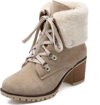 Generic Womens Block High Heel Platform Booties Faux Suede Winter Short Boots Lace Up Casual Ankle Boots,Beige,4.5 UK