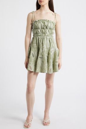 Moon River Embroidered Shirred Fit & Flare Minidress in Olive at Nordstrom, Size X-Small
