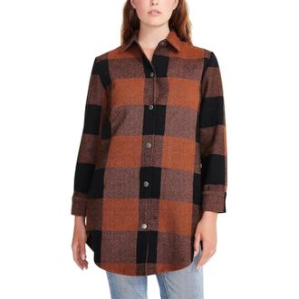 Steve Madden Eldridge Shirt Jacket Womens Cognac Plaid Snap Front KFC377