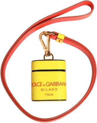 Dolce & Gabbana Phone Accessories, female, Yellow, Size: ONE SIZE Calf Leather Logo Flip Holder Strap AirPods Case