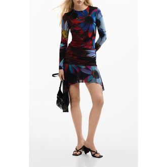 Desigual Floral Print Long Sleeve Minidress in Black at Nordstrom, Size X-Small