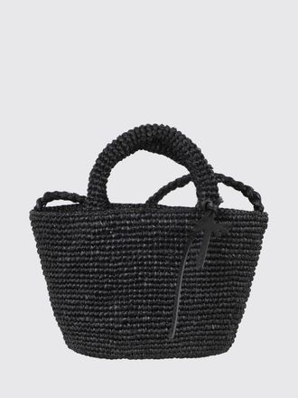 Maneb&igrave; Borsa a mano piccola in rafia con lavorazione crochet e charm logato