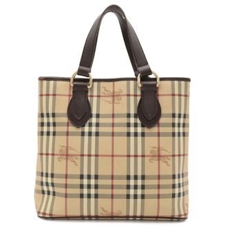 Burberry Beige Black Bordeaux Dark Brown Coated Canvas Leather Handbag Shoulder Bag Tote Bag (Pre-Owned)