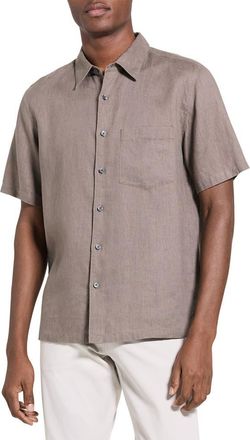 Theory Irving Solid Short Sleeve Linen Button-Up Shirt in Morel at Nordstrom, Size Xx-Large