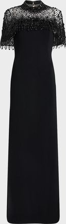 Jenny Packham Livia Crystal Fringe Capelet Column Gown