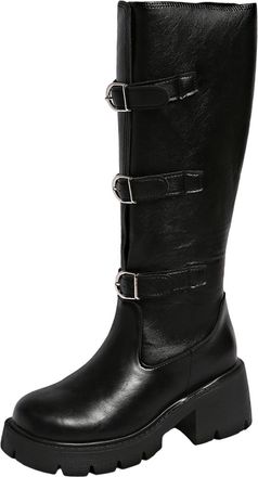 Generic Black Female Multi Buckle Thick Heel Long Boots for Fall and Winter Leisure Walking Footwear with Thick Sole and Sturdy Build