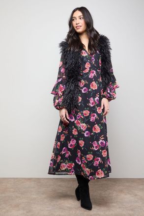 Oasis Womens Printed Trim Detail Frill Shoulder Midi Tea Dress - Floral - Size 18 UK