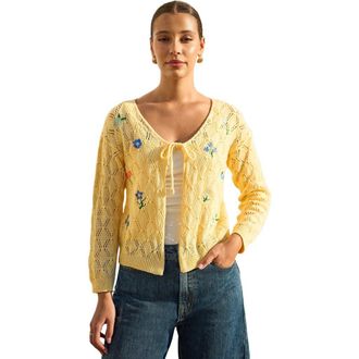 Yumi Embroidered Pointelle Cardigan in Butter Yellow at Nordstrom, Size Medium