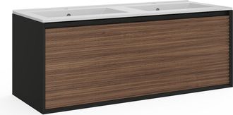 Vente-Unique Mueble de ba&ntilde;o suspendido con lavabo encastrado - Color natural oscuro y negro - 120 cm - BANIVA