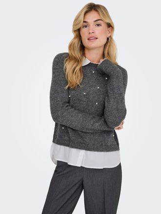 Only Strickpullover ONLY ONLDOLLY LS WOVEN MIX PEARL PULL CC KNT, Damen, Gr. S, medium grau melange detail:with cloud dancer woven mix, Strick, Obermateria