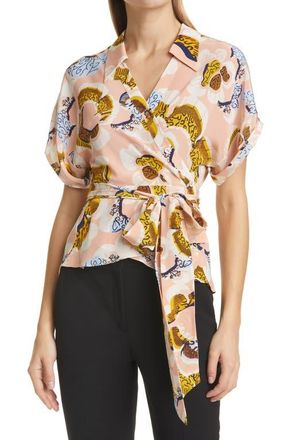 Diane Von F&uuml;rstenberg DVF Debbie Wrap Silk Top in Wax Cloth Floral Small Nude at Nordstrom, Size X-Small