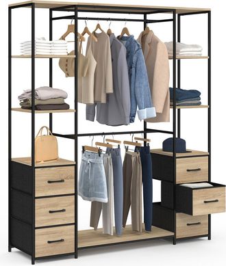 IDMarket Idmarket - Armadio Doppio Utah + Colonna Doppia L. 140 Cm Con 6 Ripiani E 6 Cestini In Legno E Tessuto Nero