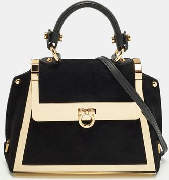 Ferragamo Sofia Mini Black/gold Suede And Metal Top Handle Bag